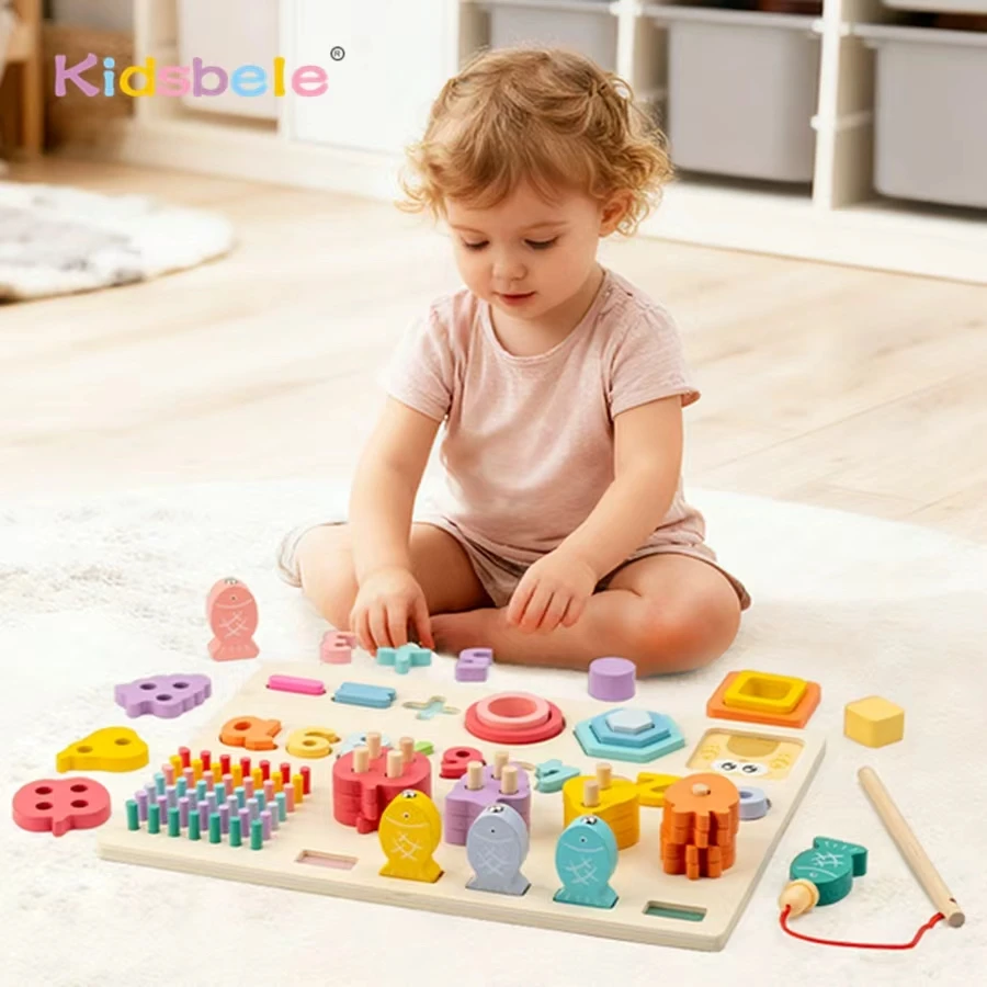 Juguetes de bloques de construcción Montessori con forma de madera, juguete de pesca cognitivo de frutas de Color 5 en 1, juego de mesa de habilidad motora fina