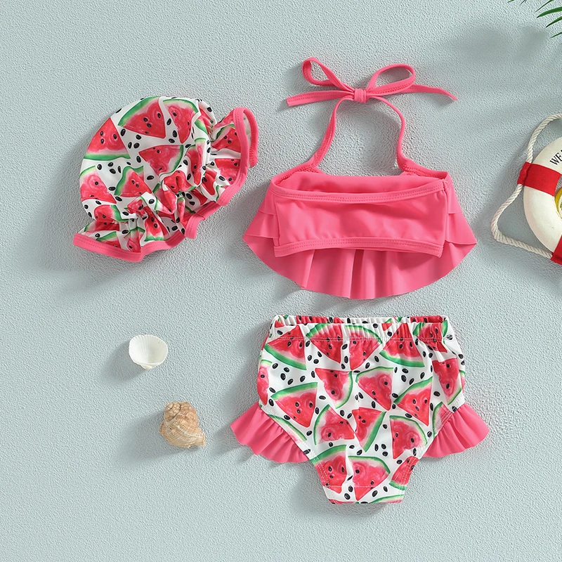 Bikini halter con volantes para niña y sombrero a juego - imagen 2