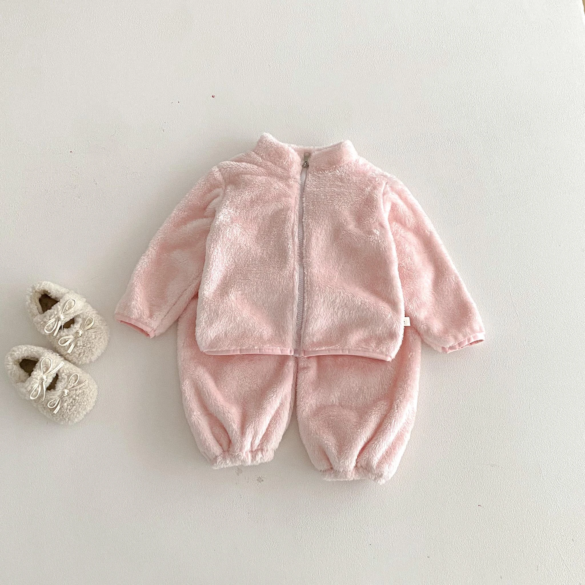 Ropa sencilla de Color sólido para el hogar, abrigos de felpa + Pantalones, conjunto informal de dos piezas para bebés y niños, ropa de otoño e invierno - imagen 2
