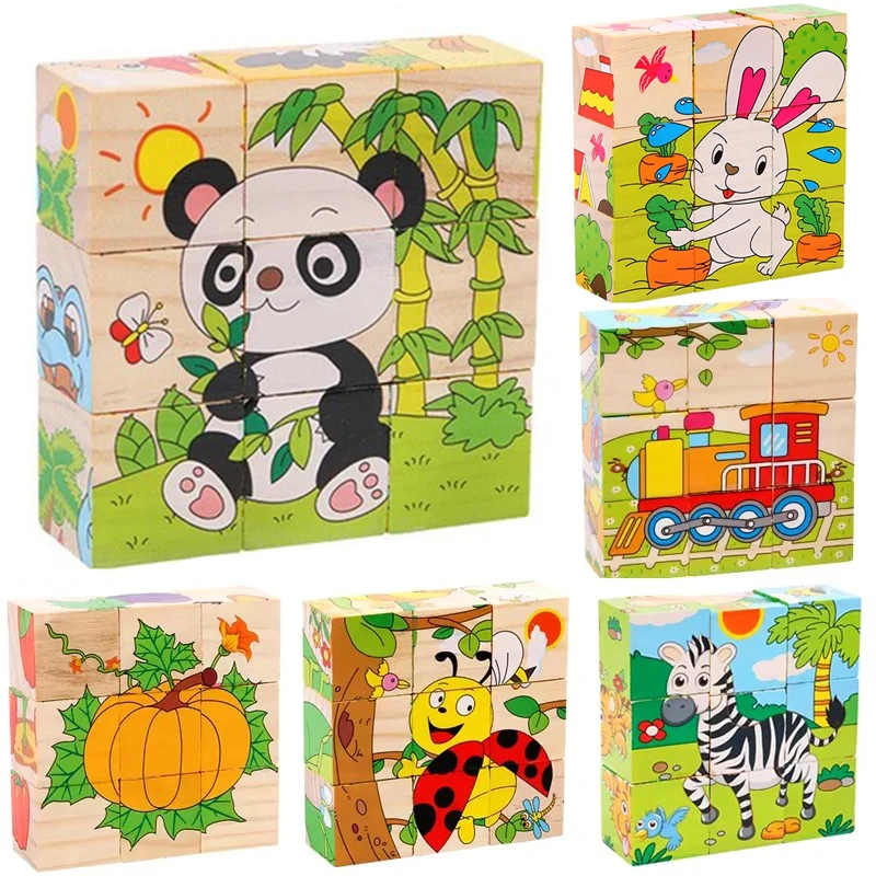 Bloques de madera para bebés, juguetes para niños, rompecabezas de seis cubos laterales, juego de animales, frutas, tráfico, juguete educativo de Aprendizaje Temprano