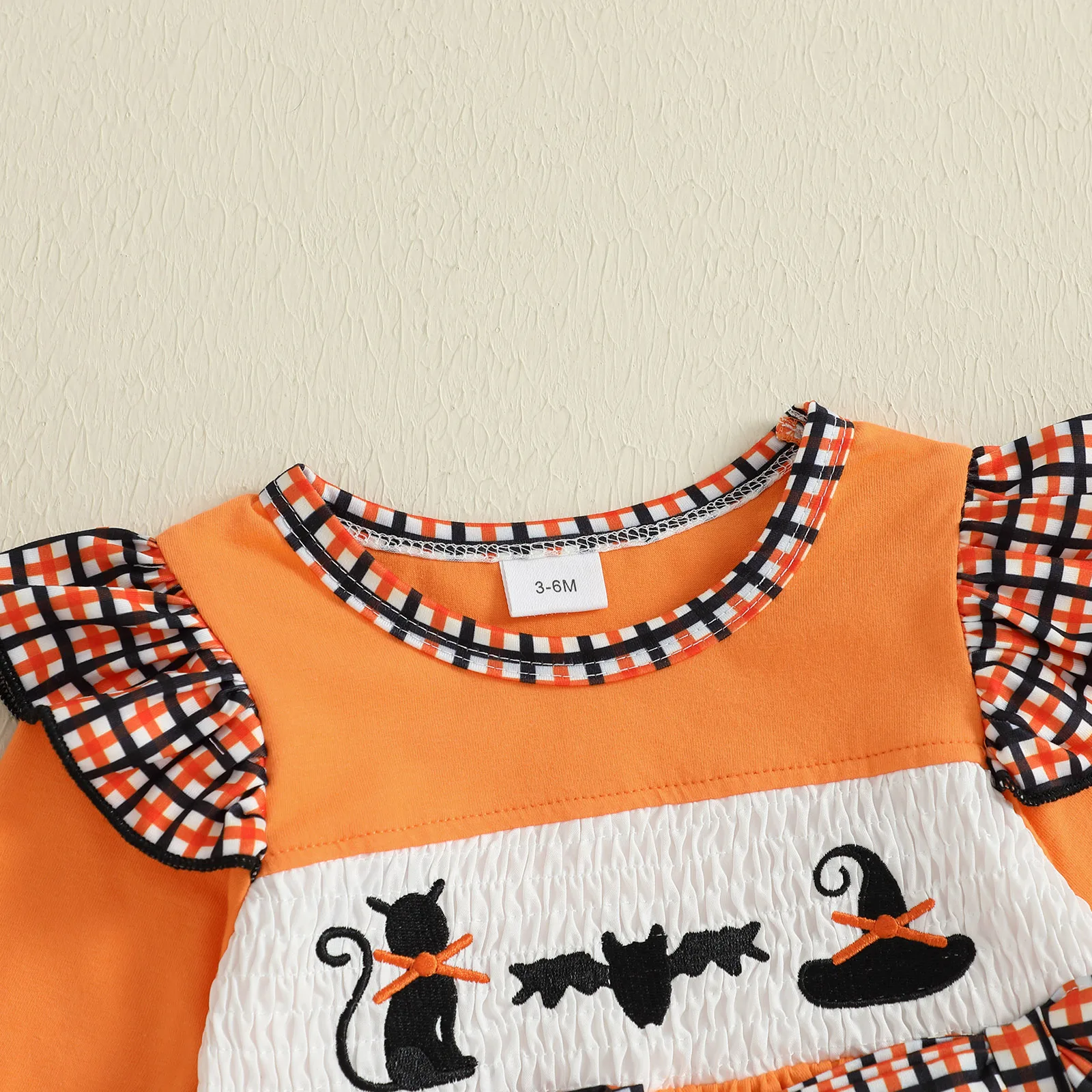 Mameluco con lazo de Halloween para niña, mono de burbuja con cuello redondo y manga larga con bordado de gato negro/fantasma - imagen 4