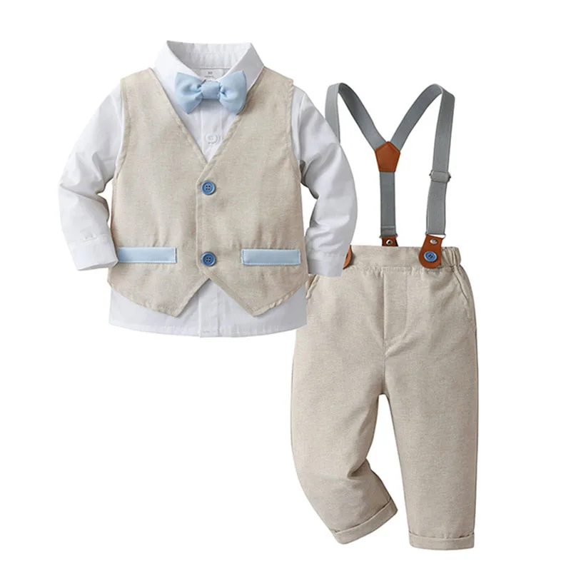 Conjunto de ropa para bebés, camisa de manga larga con pajarita, chaleco y pantalones, 2 piezas, trajes formales para fiesta de cumpleaños