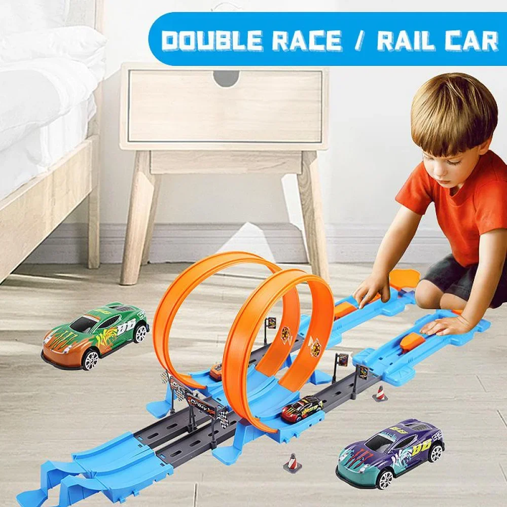 Ruedas de coche de competición doble de velocidad acrobática, modelo de pista de carreras, Kits de rieles ensamblados DIY, vehículo catapulta, juguetes para niños, regalo - imagen 3