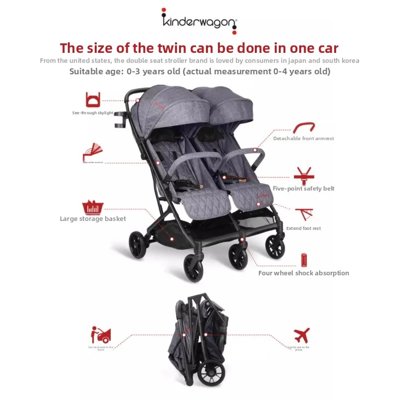 Cochecito gemelo kinderwagon integrado, ligero, plegable, para recién nacido de 0/4 años, puede sentarse y acostarse - imagen 5