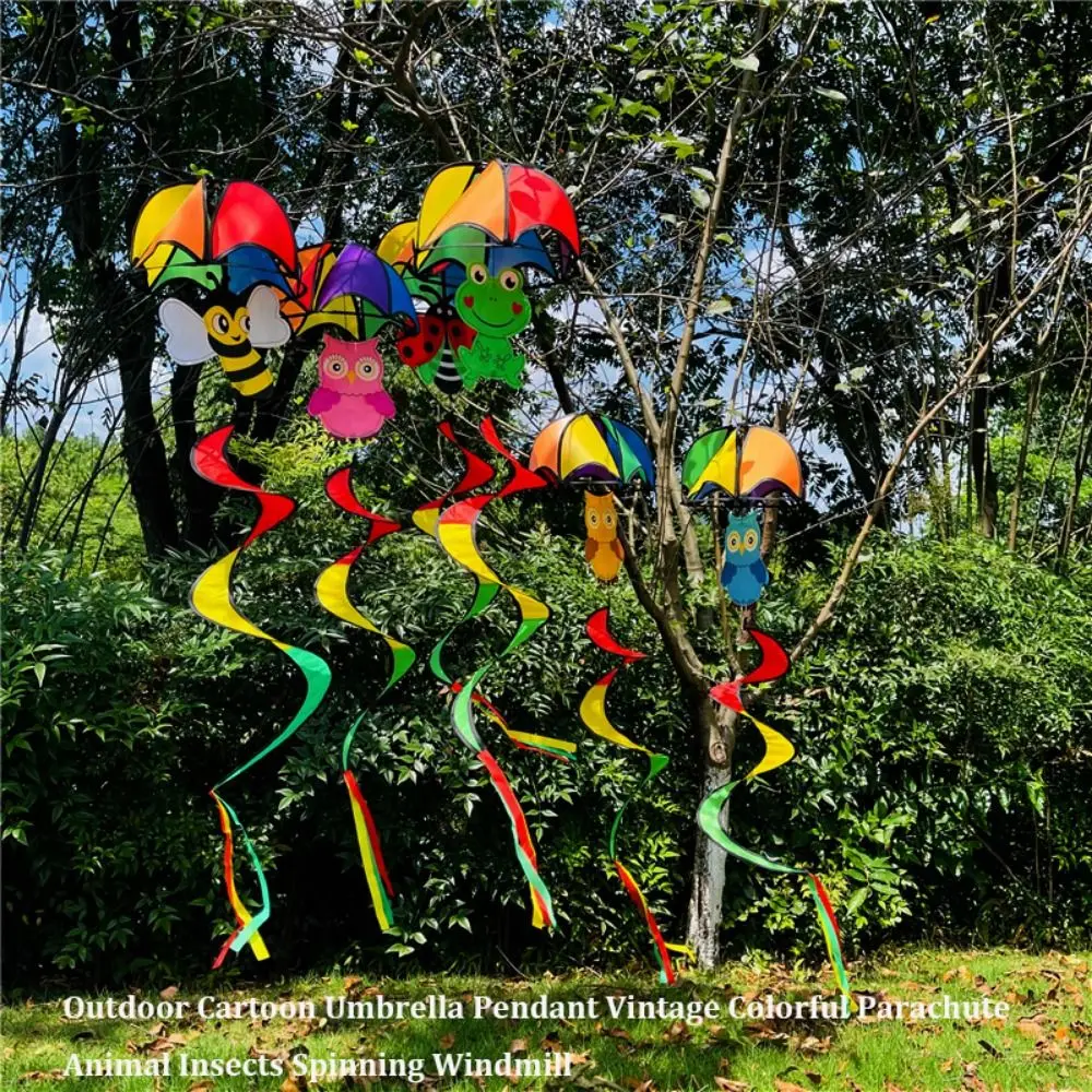 Colgante de paraguas de dibujos animados colorido, tela colgante no tóxica y plástico, tira de viento de paracaídas colorida Vintage, molino de viento giratorio - imagen 5