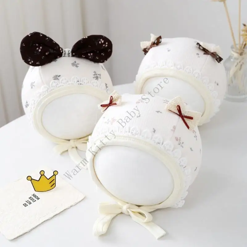 Nuevo oso de dibujos animados accesorios de fotografía recién nacido gorros gorra ajustable de encaje Floral bebé sesión de fotos sombrero capó para bebé de 0 a 5 meses - imagen 3