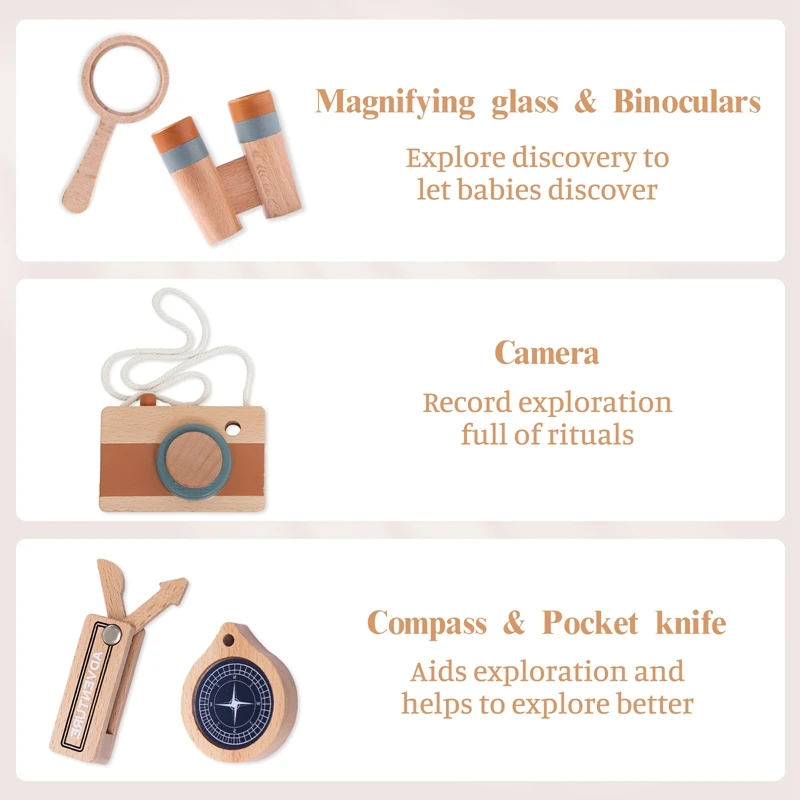 Kit de exploración al aire libre de madera para niños, juguete de cámara para regalo de cumpleaños, lupa Compas Montessori, regalo de bricolaje, 5 piezas por juego - imagen 4