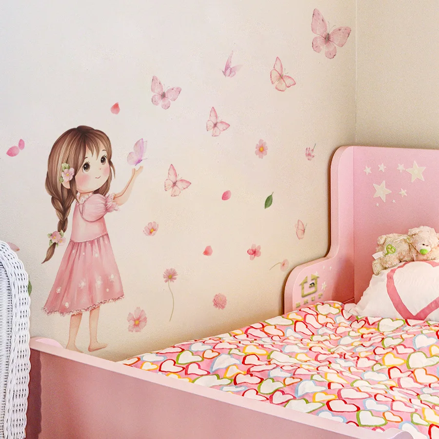 Pegatinas de pared autoadhesivas para niña bonita para dormitorio, habitación de niños, dormitorio, pegatinas de decoración del hogar, flores de mariposa - imagen 5