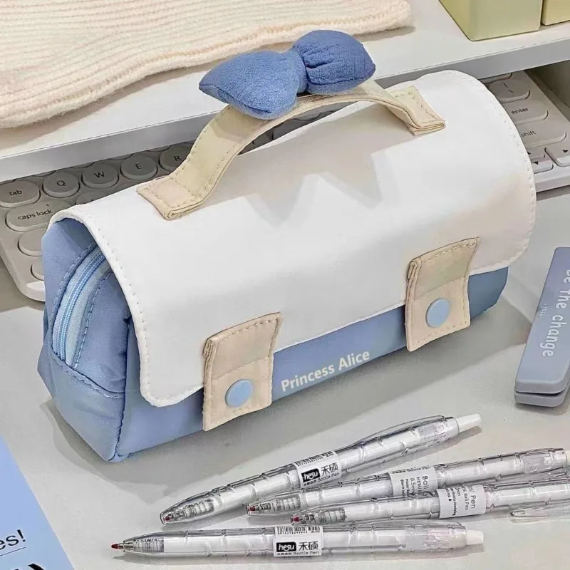 Maletín con lazo de princesa Ins japonés, estuche para lápices, bonito, Simple, de gran capacidad, bolsa para bolígrafos para niñas, papelería, bolsa de maquillaje, suministros escolares - imagen 4