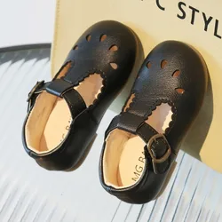 Zapatos de cuero para niños verano y otoño, informales con recortes a la moda niñas, fondo suave pequeñas, talla 16-30