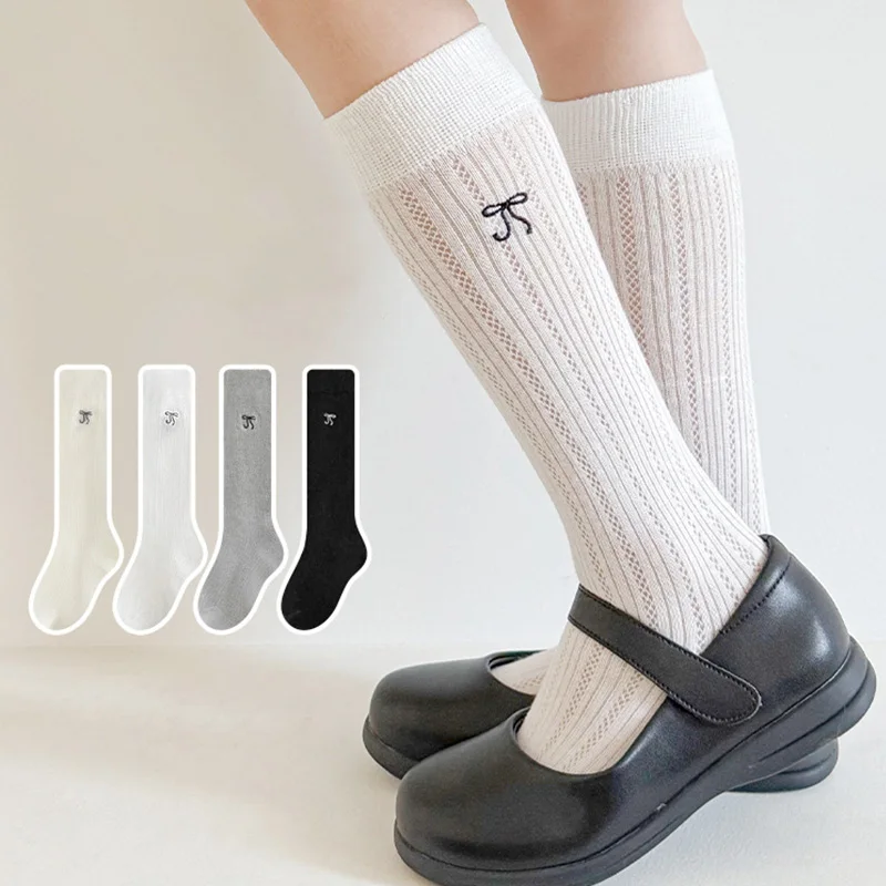 Medias con lazo para niñas, calcetines bordados transpirables de malla de Color sólido, calcetines suaves tejidos con lazo para primavera y verano para niños - imagen 2