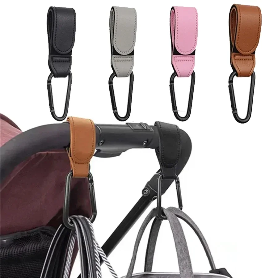 Ganchos para cochecito de bebé, organizador de cochecito de cuero PU para bolsa de pañales, accesorios de viaje con hebilla de escalada, 1/2 Uds.