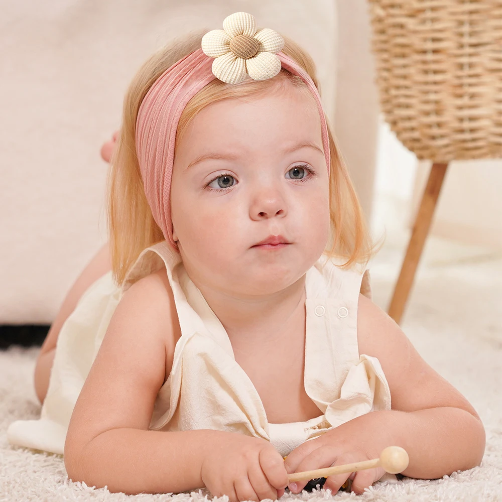Conjunto de diadema para bebé de 3 uds., Cables de punto, turbante ancho, diadema de nailon elástico suave, accesorios para el cabello para recién nacidos y niños pequeños con flores - imagen 4