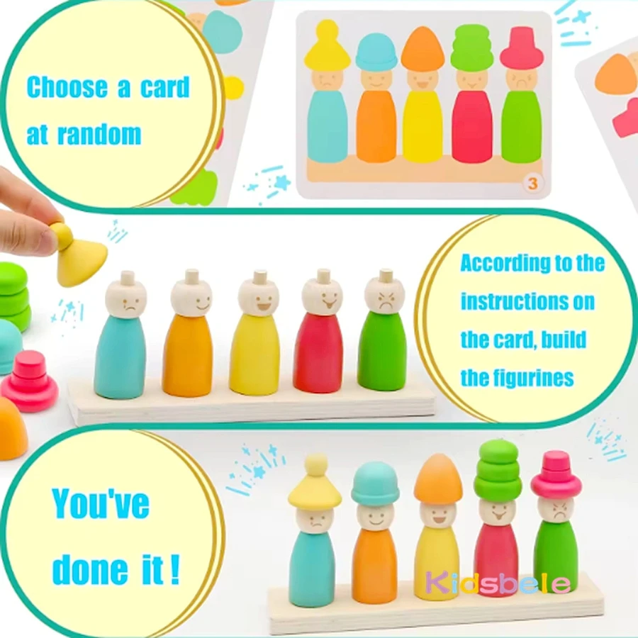 Juego de combinación de colores con forma de marioneta de madera, juguete de aprendizaje Montessori, sombrero de marioneta, partido de cara, juguete de escritorio apilable creativo para niños pequeños - imagen 5