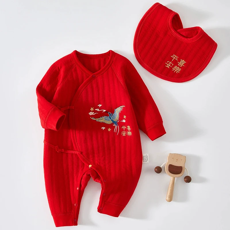 Primavera otoño ropa infantil para niña y niño estilo chino Año nuevo lindo rojo monos de manga larga peleles + Baberos bebé artículos para recién nacidos BC522