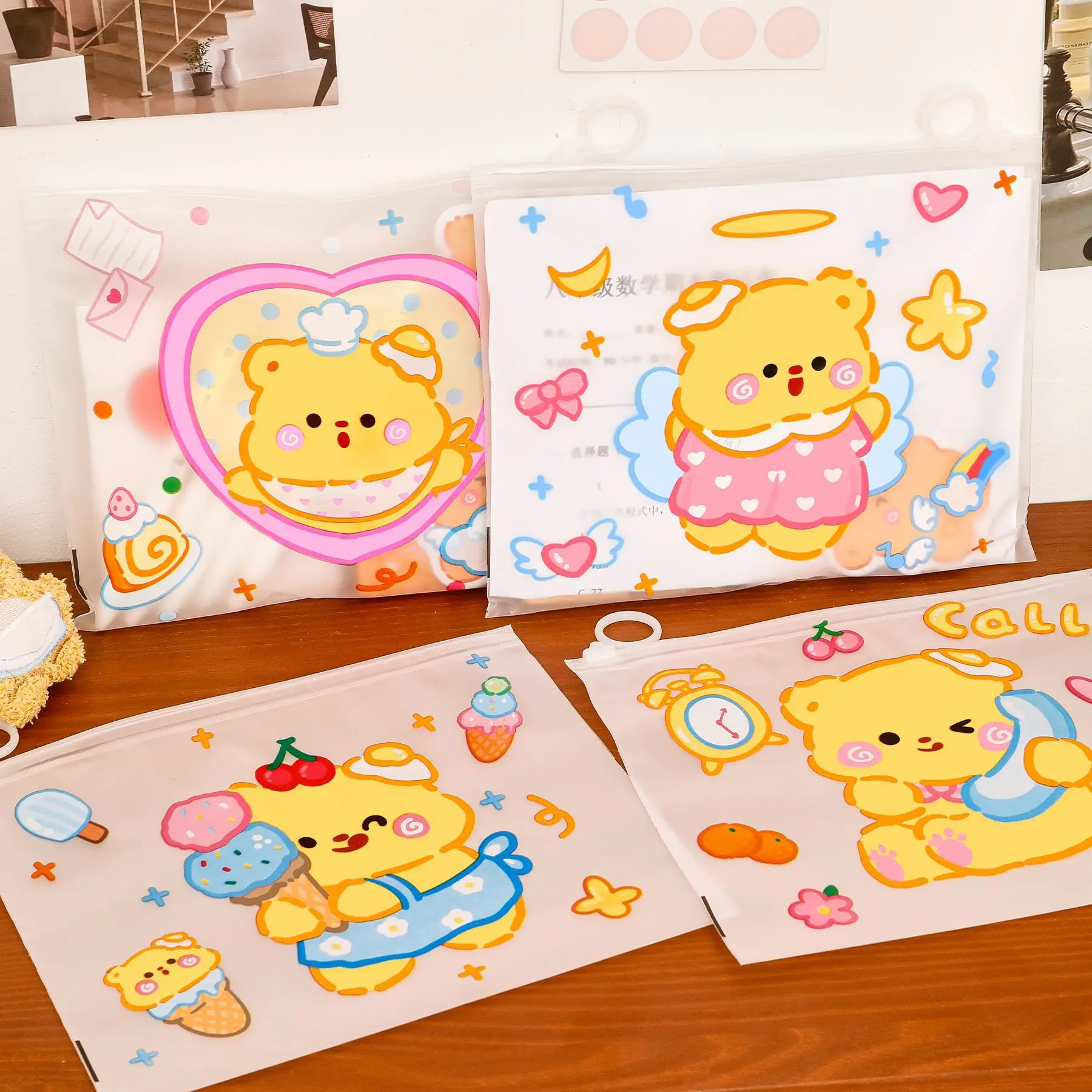 Bolsa de archivo con cremallera y anillo de oso de dibujos animados, organizador de papelería transparente para estudiantes, organizador de bolsa de lápices multifuncional - imagen 5