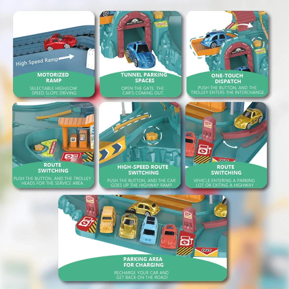 Pista de coche eléctrico para niños, estacionamiento de carrera, Mini coche de carreras, garaje fundido a presión, regalos de vacaciones, juguete educativo de cumpleaños para niños - imagen 4