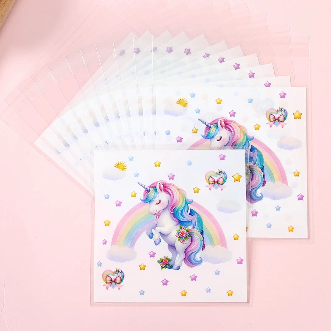 Bolsas de regalo de unicornio para decoración de fiesta de cumpleaños, bolsas de embalaje de plástico autoselladas, suministros para fiesta de recuerdo de bebé, 50/100 Uds.