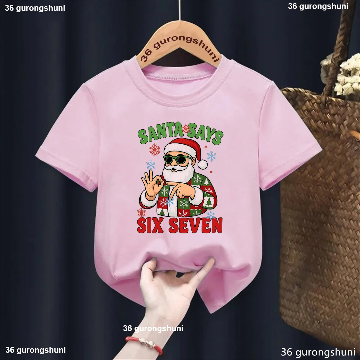 Camiseta con estampado con dibujo de Santa dice seis siete 67 Meme, camiseta de regalo de Navidad para niñas y niños, ropa divertida para niños, camiseta sólida - imagen 3