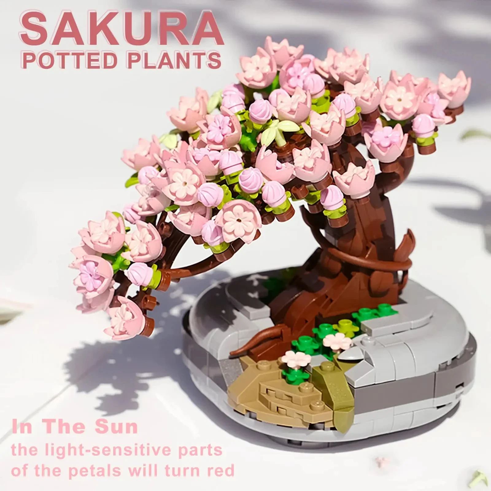 Sakura-ramo en maceta para niños, bloques de construcción, planta, bonsái, modelo suculento, adornos de escritorio, juguetes educativos, regalos de vacaciones - imagen 2