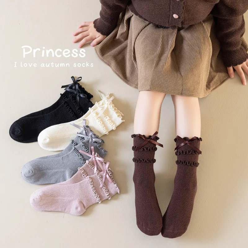 Calcetines cortos con borde enrollado para invierno y otoño, bonitos calcetines de princesa con borde de oreja de madera para niñas, calcetines cortos con lazo para estudiantes