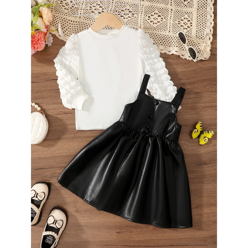 Conjunto de falda para niña, Top blanco de manga larga + falda de cuero negro, vestido coreano de moda para niñas de 4 a 7 años, 2 uds.
