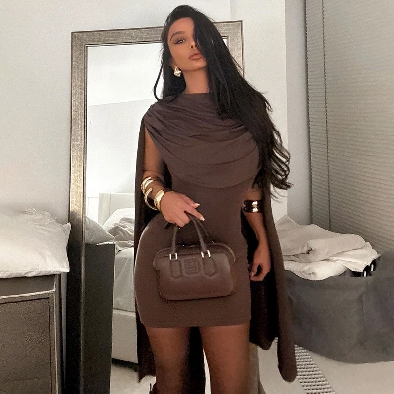 Nuevo vestido ajustado con cuello vuelto para mujer, Falda corta de cintura alta de Color sólido, traje Sexy con chal para reuniones de Halloween - imagen 3