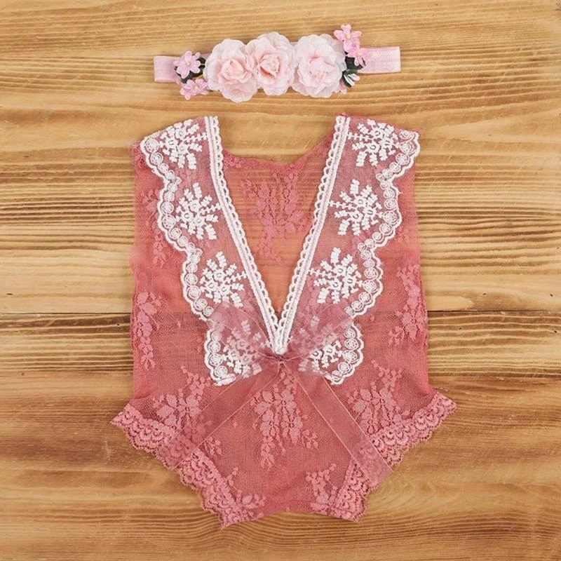 M76C Baby Lace Compper Diadema Conjunto fotografía Recién nacida Bodysuit Flower Band - imagen 4