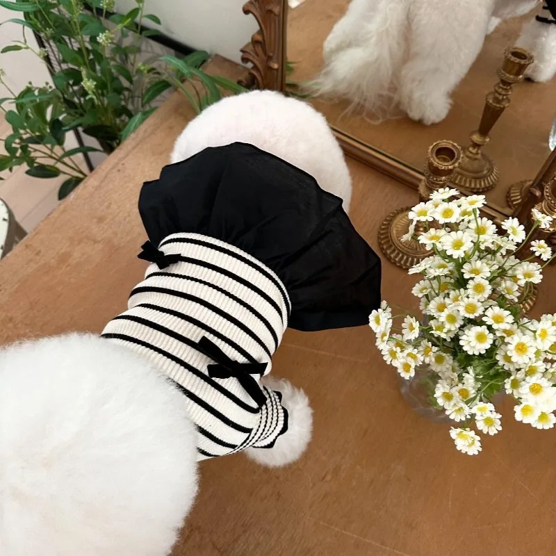 Verano mascota arco cachorro camisa Collar Correa moda manga voladora vestido para perro a rayas vestido blanco negro Teddy para ropa para perros pequeños - imagen 2