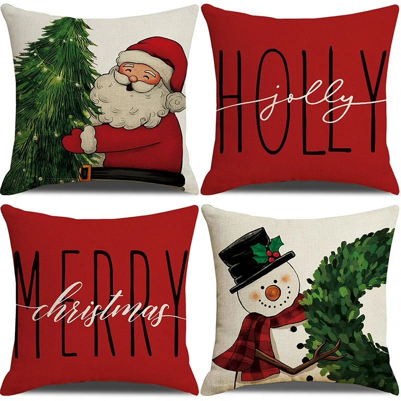 4 fundas de almohada navideñas, lindas fundas de almohada con estampado de Papá Noel y muñeco de nieve, cómoda funda de almohada de lino para decoración del hogar