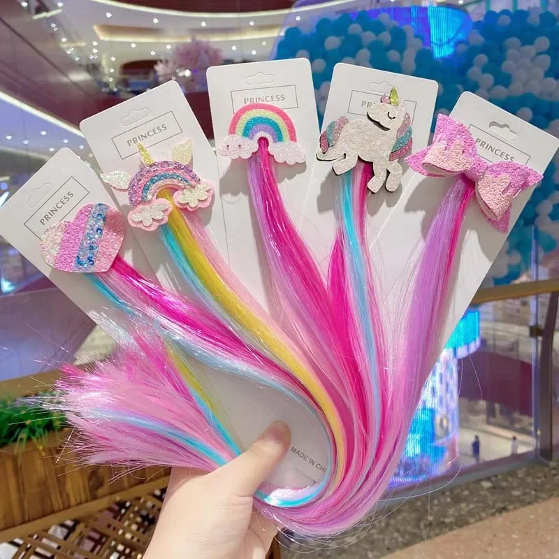 Pinza para el pelo con lazo de Color degradado, diademas para niñas de Estilo Princesa, pelucas coloridas para niñas, pinza para cola de caballo de unicornio de dibujos animados, regalo para niños - imagen 2