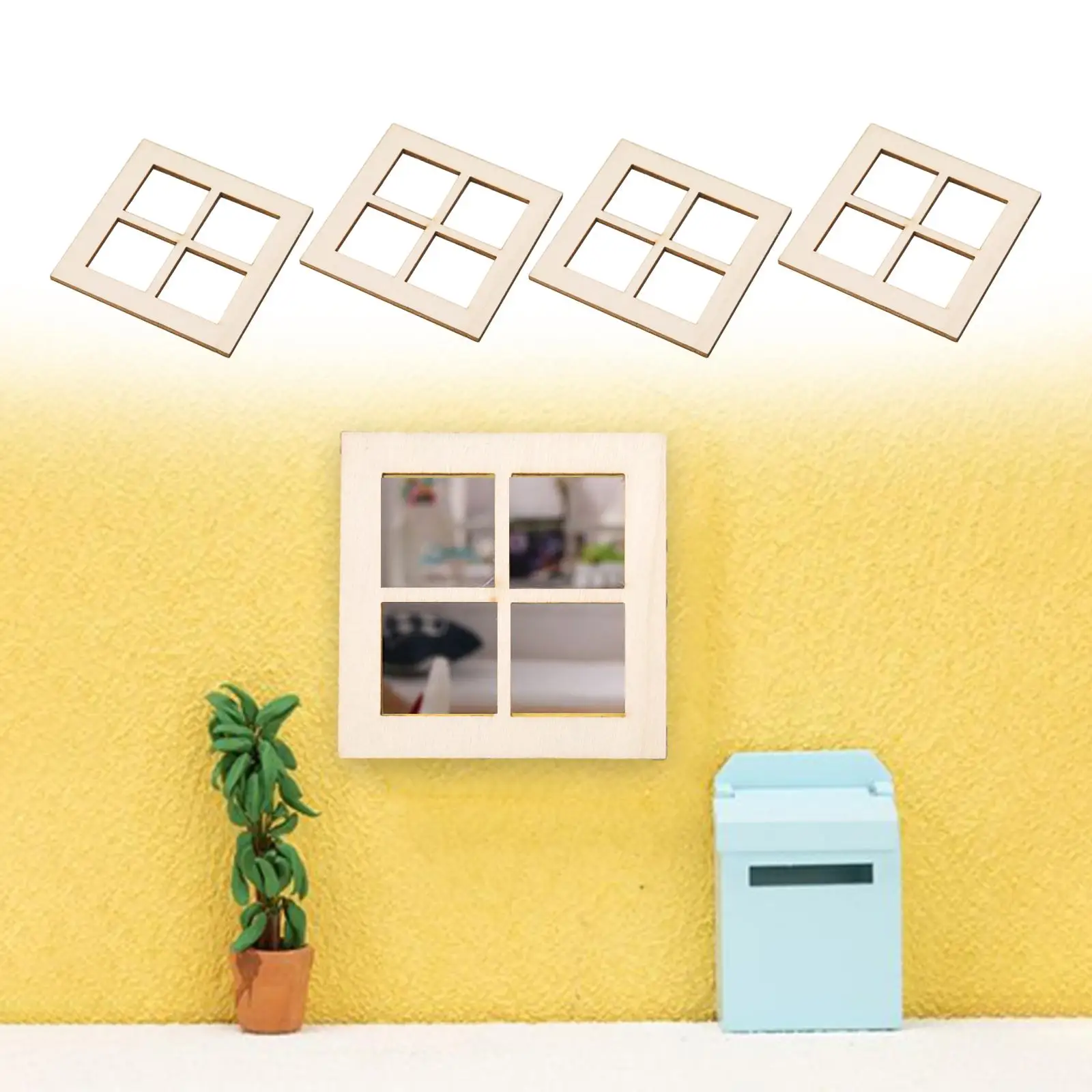 4x Dollhouse Furniture Woodenn Window 1/12 Ornaments Miniatures Woods Windows for Model Town Accessory DIY Dollhouse Decoration