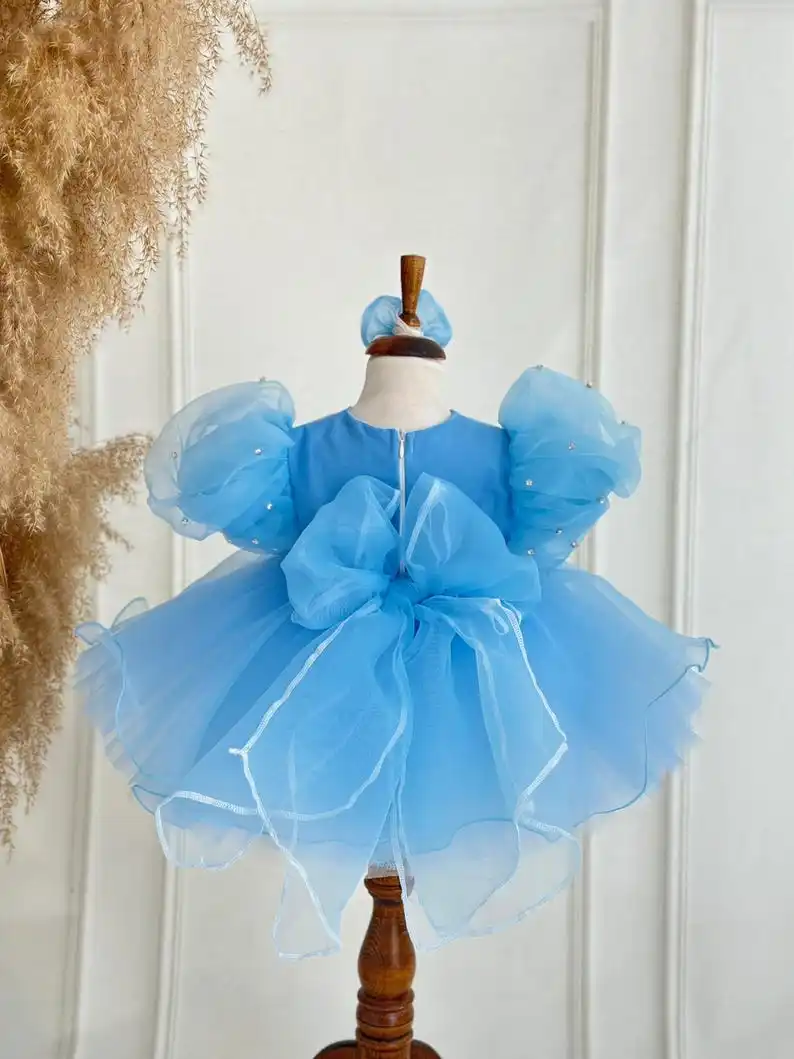Vestido de bebé de organza azul hecho a mano, traje de cumpleaños con manga de cristal hinchada, princesa personalizada para niña - imagen 5