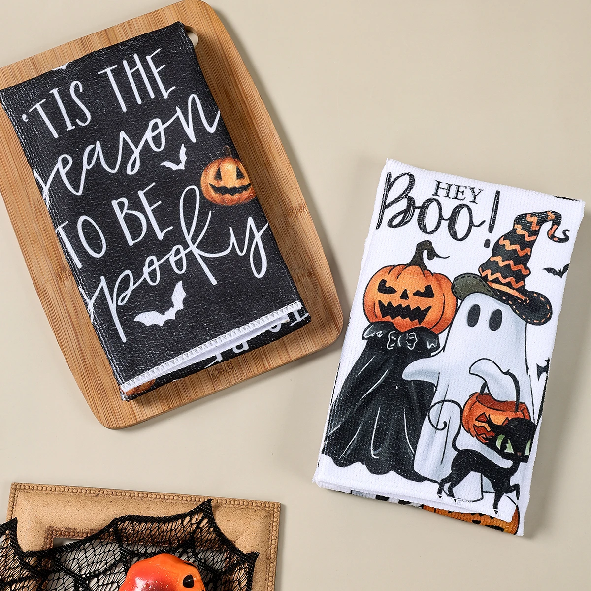 2 uds feliz Halloween calabaza fantasma cráneo murciélago estampado cocina paños de cocina toalla hecha a mano absorbente plato para decoración del hogar - imagen 3