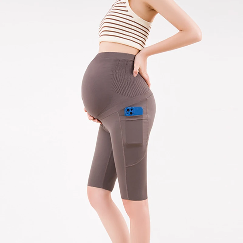 Leggings de maternidad, pantalones de cinco puntos, pantalones cortos de Yoga adelgazantes de cintura alta para mujer embarazada con bolsillos de talla, entrenamiento para ciclistas