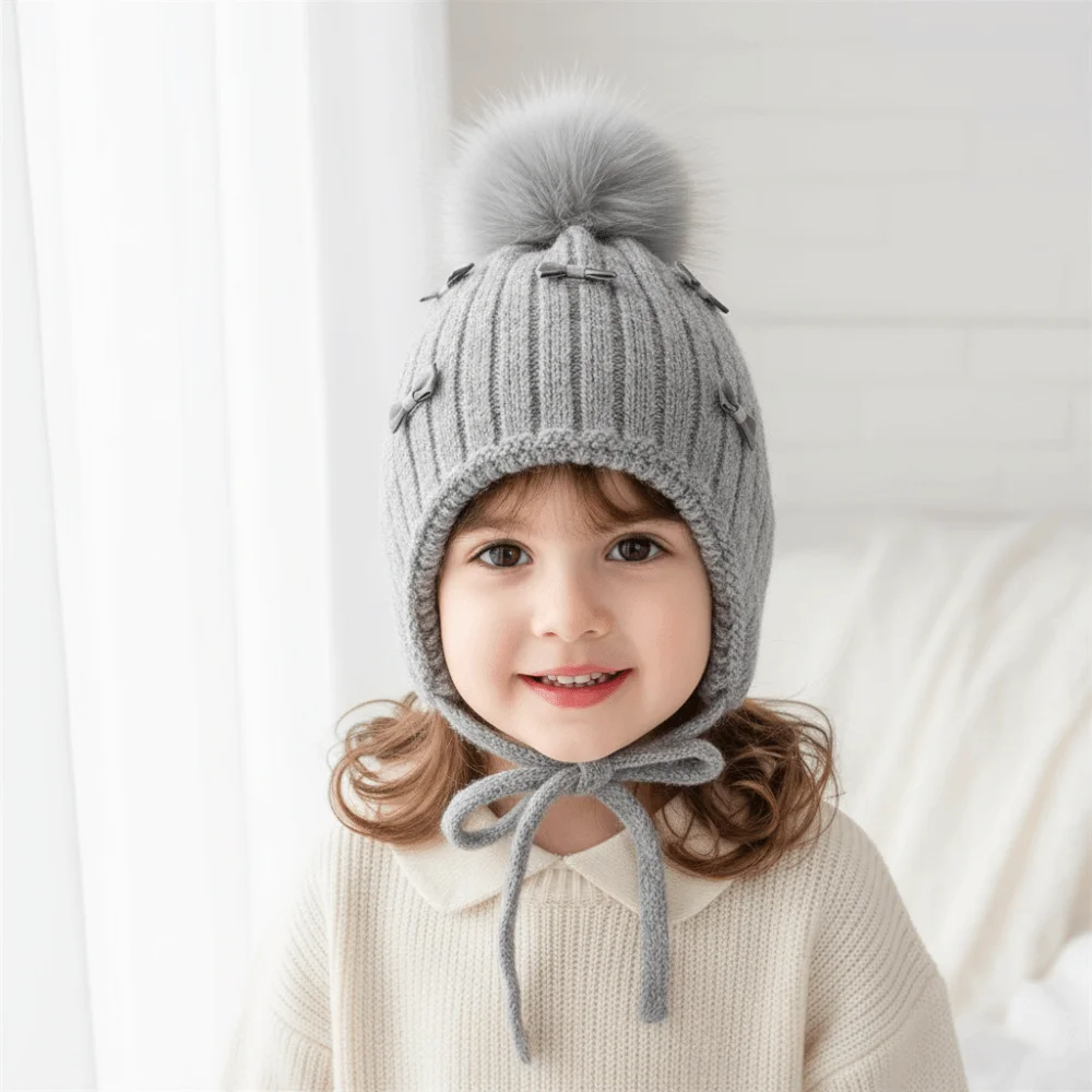 Gorro de invierno grueso con protección para los oídos y pompones