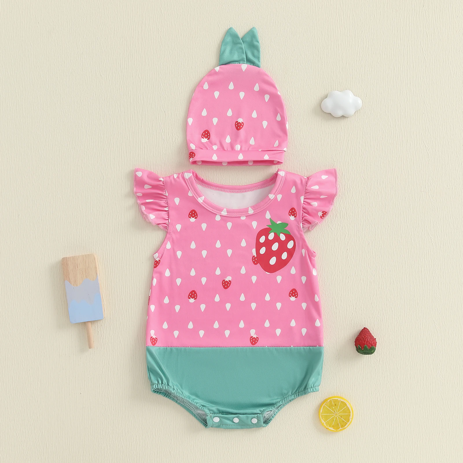 SUNSIOM Conjuntos de verano para niña de 0 a 18 meses, mameluco con cuello redondo y manga mosca y sombrero, conjunto de disfraz de fruta infantil - imagen 2