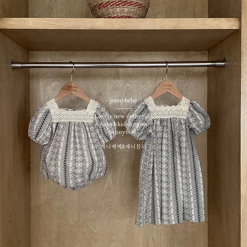 Vestido infantil de encaje floral vintage de manga corta