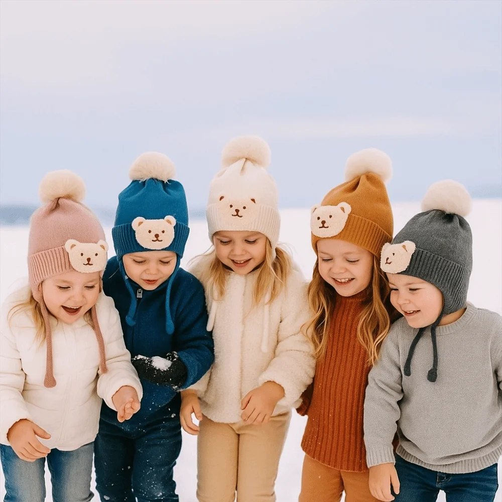 Gorro de punto suave de protección para bebé, gorro de punto de oso de dibujos animados, gorro de ganchillo cálido, gorro grueso y cálido con orejeras de oso de ganchillo para recién nacido - imagen 2