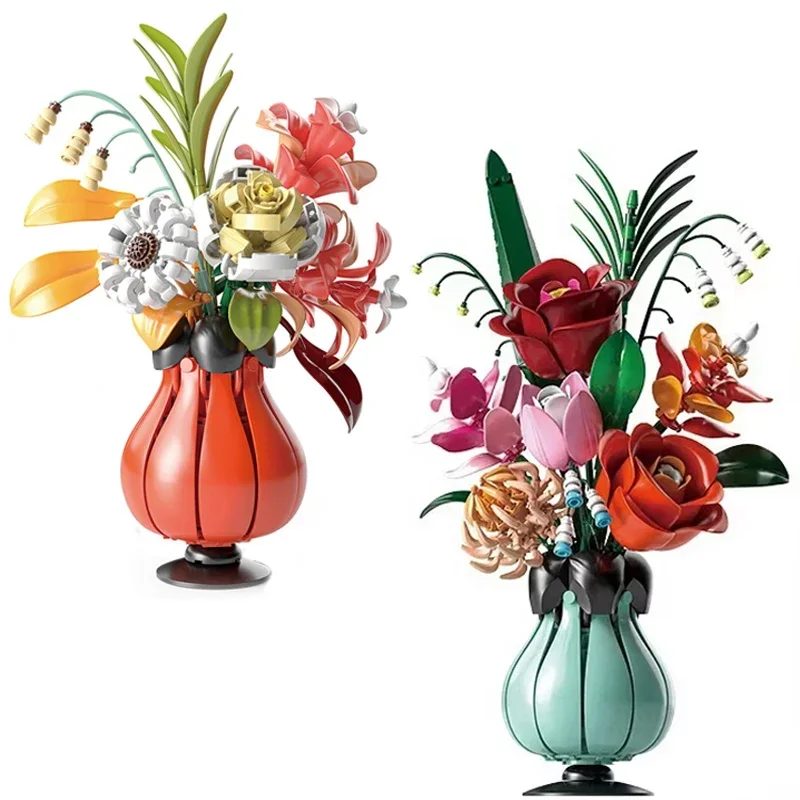 Bloques de construcción de tulipán y girasol rosa, ramo de flores, jarrón, modelo de ladrillos, decoración del hogar, juguetes educativos para niños, regalos de vacaciones - imagen 2