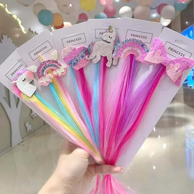 Pinza para el pelo con lazo de Color degradado, diademas para niñas de Estilo Princesa, pelucas coloridas para niñas, pinza para cola de caballo de unicornio de dibujos animados, regalo para niños - imagen 3
