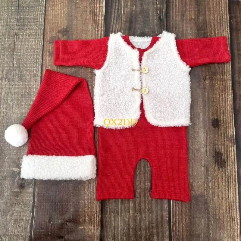 QX2D Conjunto utilería para fotografía Papá Noel para bebé, 3 piezas, ropa cómoda y respetuosa con piel para recién - imagen 2