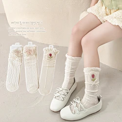 1 par de calcetines hasta la pantorrilla de encaje Floral dulce para niños niña Color Beige arco corazón hueco calcetín para niños Primavera Verano calcetín fino transpirable