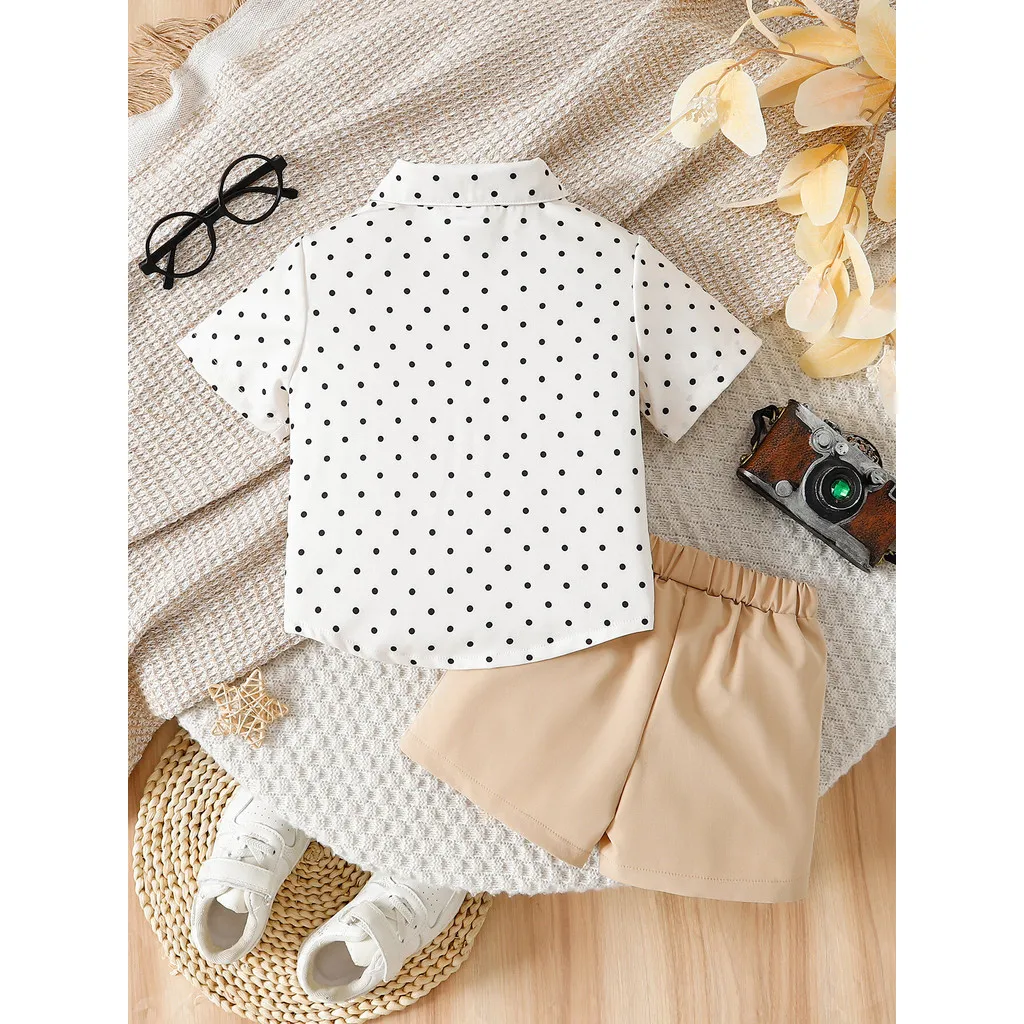 Disfraz para niño pequeño, Top de manga corta con lazo de solapa y lunares, pantalones cortos de color caqui, conjunto de ropa de 2 uds para niño de 0 a 3 años - imagen 5