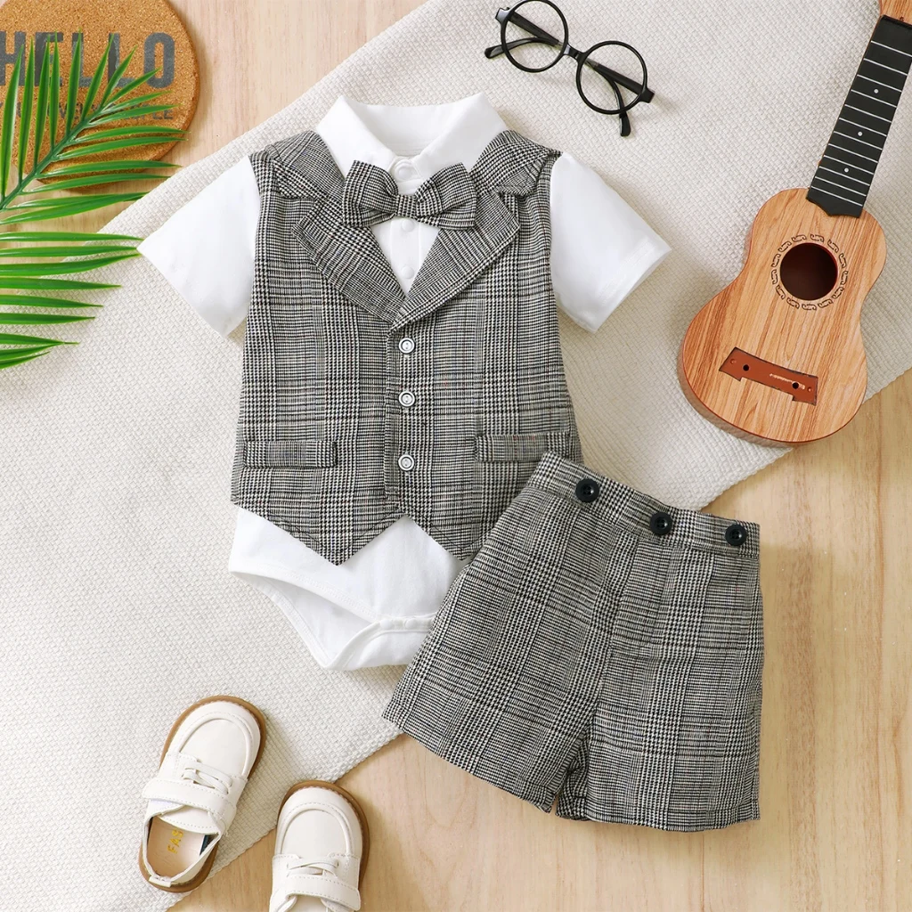 Conjunto de ropa de caballero para bebés de 0 a 3 años, mono gris oscuro + pantalones cortos a cuadros, trajes de 2 uds., disfraz de fiesta de cien días de luna llena para bebé