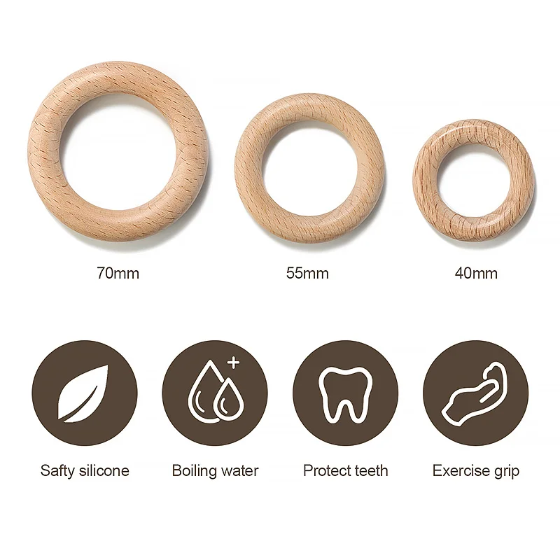 5 uds anillo de madera círculo haya DIY Molar varilla juguetes collar de madera colgante de calidad alimentaria madera de haya dentición mordedor para bebé 40/55/70mm - imagen 2