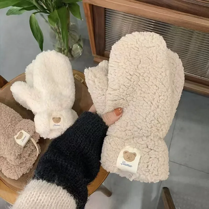 Guantes de invierno con parche de oso de lana de cordero para mujer con correa para el cuello, lindos para estudiantes, cálidos y resistentes al frío para ciclismo de invierno