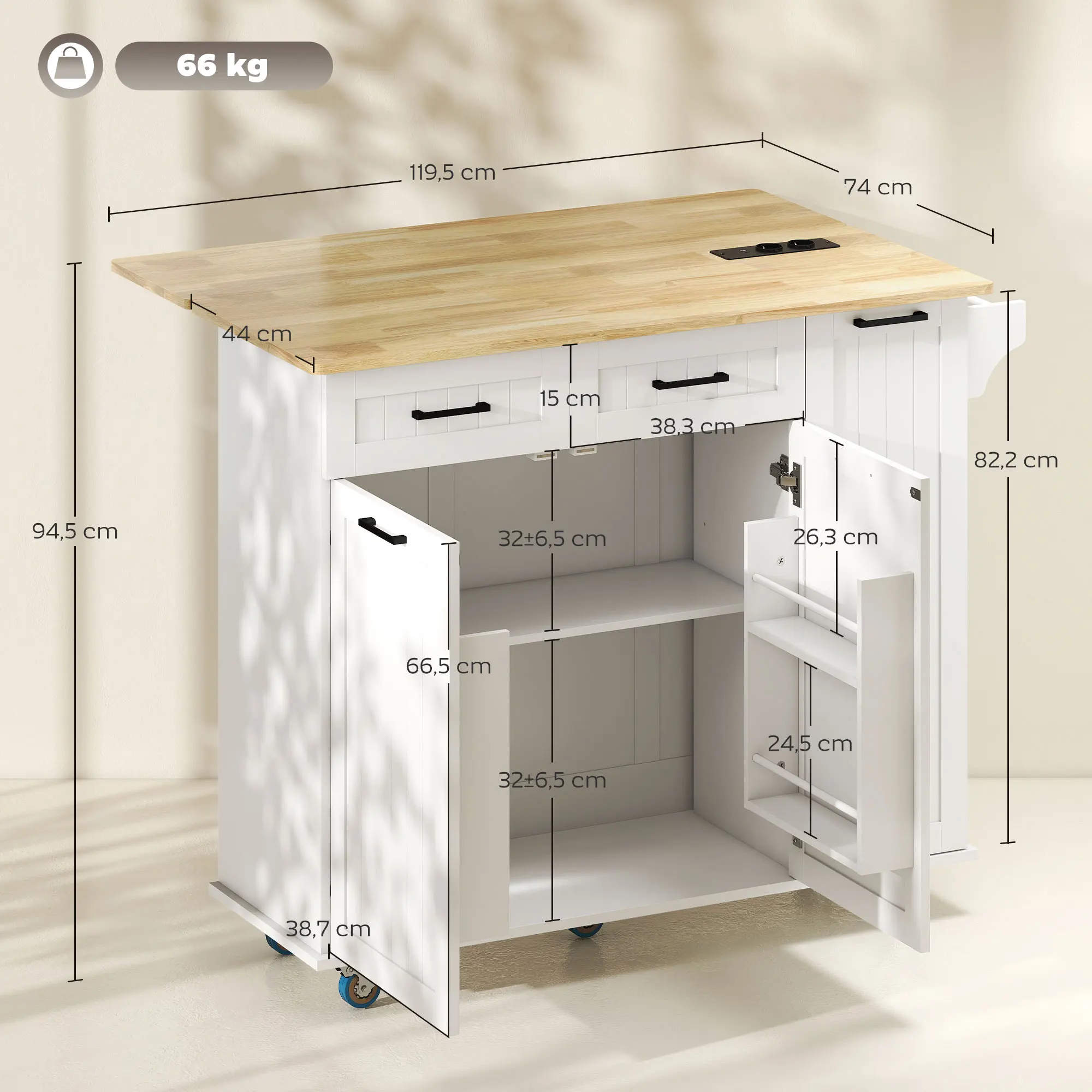 HOMCOM Isla de Cocina con Ruedas Carro de Cocina con Toma de Corriente USB Tablero Plegable 2 Cajones 2 Puertas Estante Ajustable Especiero y Toallero 119,5x74x94,5 cm Blanco - imagen 3
