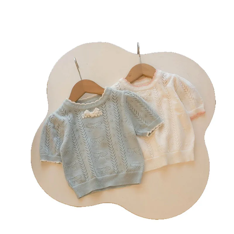 MILANCEL nuevo verano niños tejidos de manga corta 1-5T lindo franjas de diferente Color arco niñas ahueca hacia fuera la camiseta niños dulce prendas de vestir Tops - imagen 5