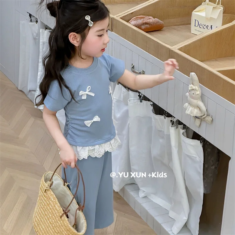 Conjunto verano niña camiseta encaje y pantalón liso – ropa fresca - imagen 3